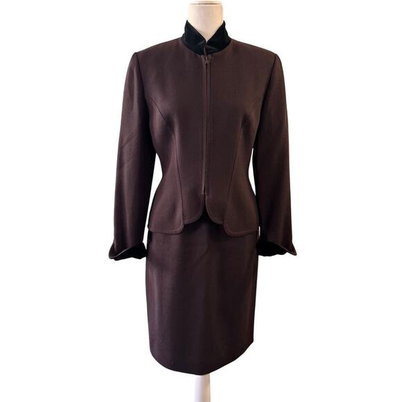 VTG Christian Dior Worsted Wool Skirt Suit Set Velvet Trim Brown Sz 10 Office - Picture 1 of 9